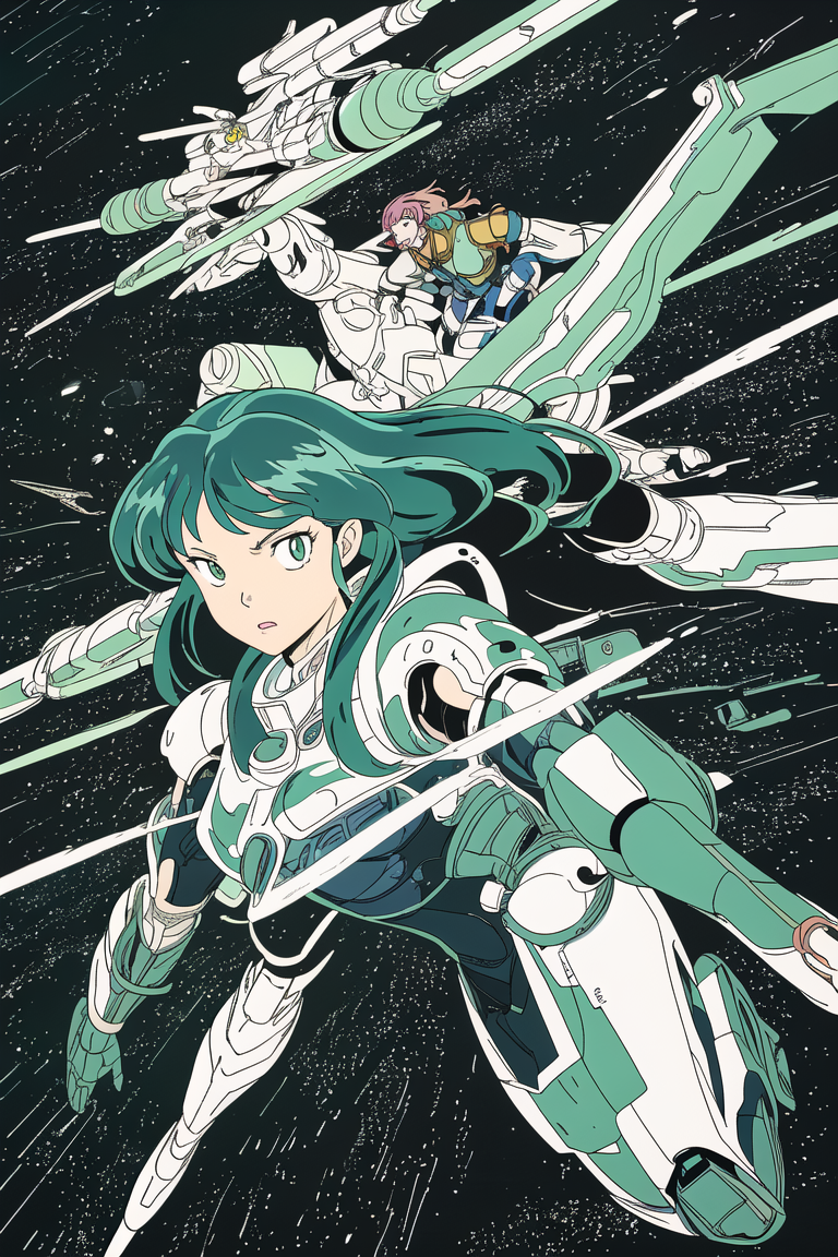 00068-2555093228-_lora_mdrnkz3_0.7_ Anime Illustration. Close-up of Lum, wearing Mecha Armour, flying through a space station, in the style of md.png